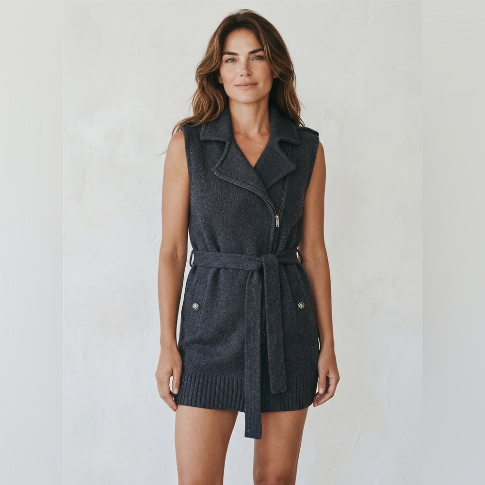 Tory Burch Grey Knit Mini Dress with Orange Logo Tag